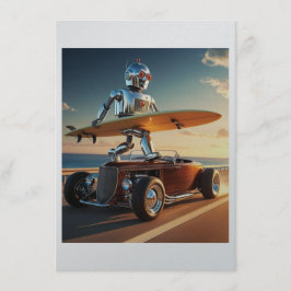 Cartão De Informações robô, uma prancha de surfe e um carro vintage