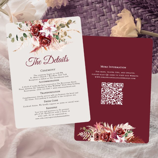 Cartão De Informações Romantic Burgundy & Blush QR Code Wedding Details  (Criador carregado)