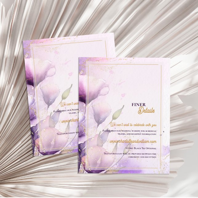 Cartão De Informações Romantic Lavender Floral Gold Wedding Details (Romantic Lavender Floral Gold Wedding Details Enclosure Card)