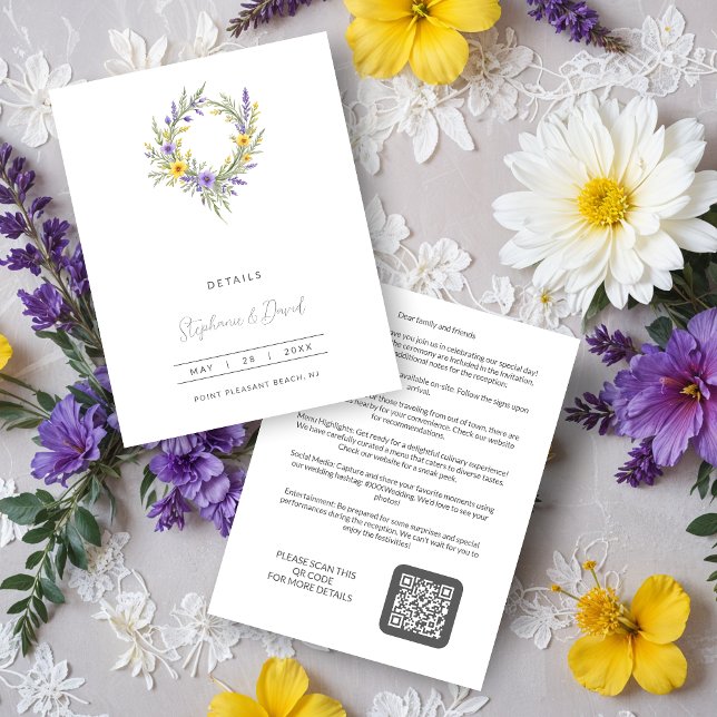 Cartão De Informações Romantic Minimal Wedding Yellow & Lavender Wreath (Romantic Minimalist Wedding Yellow & Lavender Wreath Enclosure Cards.)