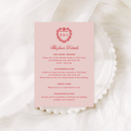 Cartão De Informações Romantic Red Blush Vintage Monogram Crest Wedding