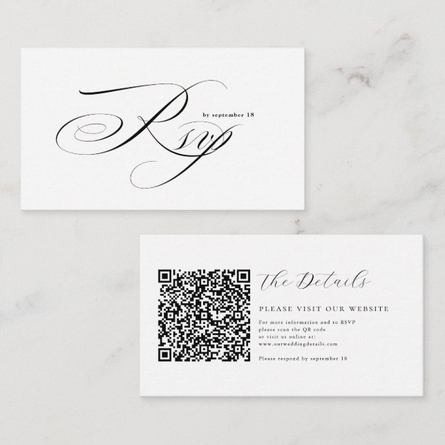 Cartão De Informações Romantic Script Calligraphy QR Code Wedding RSVP (Frente/Verso)
