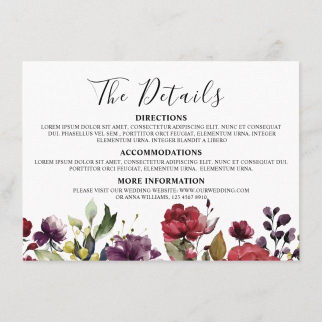 Cartão De Informações Romântica Aquarela Borgonha Vermelha Rosa Floral (Frente)