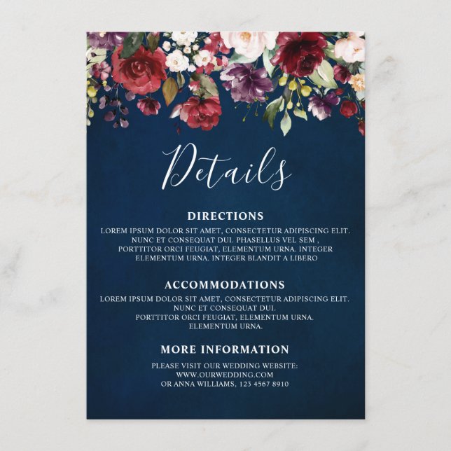 Cartão De Informações Romântica Aquarela Burgundy Marinho Vermelho Flora (Frente)