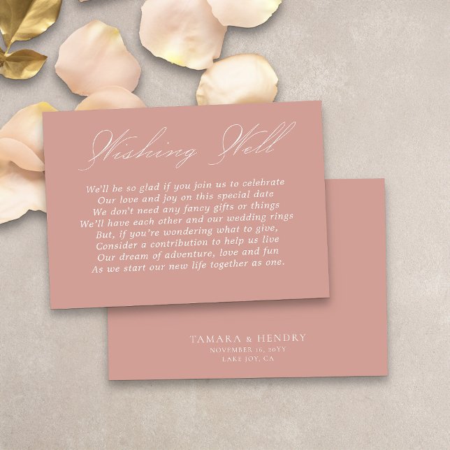 Cartão De Informações Rosa de Roteiro de Caligrafia de Casamento (Simple elegant wedding wishing well card in rose gold from my Wedding Colors Collection)