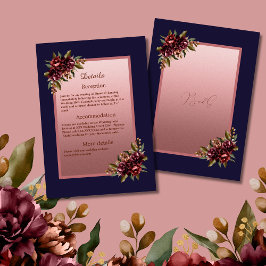 Cartão De Informações Rosa Dourada Azul Marinho Script Burgundy casament