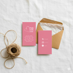 Cartão De Informações Rosa e branco feito com amor links sociais em form