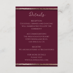 Cartão De Informações Rosa Elegante moderno Dourado brilho e borgonha