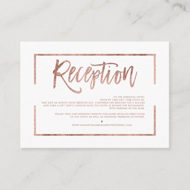 Cartão De Informações Rosa gold frame script white (Frente)