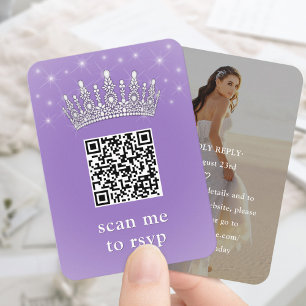 Cartão De Informações Rosa Roxo QR RSVP Coroa de Quinceañera & Foto