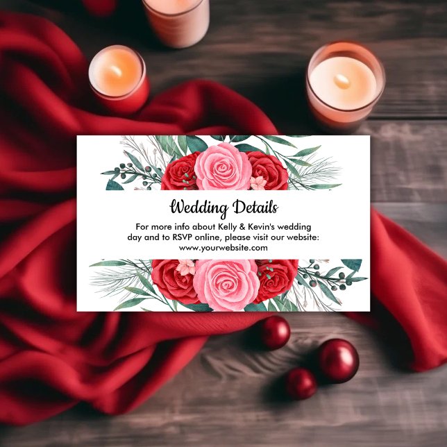 Cartão De Informações Rosa vermelha Casamento de Aquarela (Red Rose Watercolor Wedding Enclosure Card)