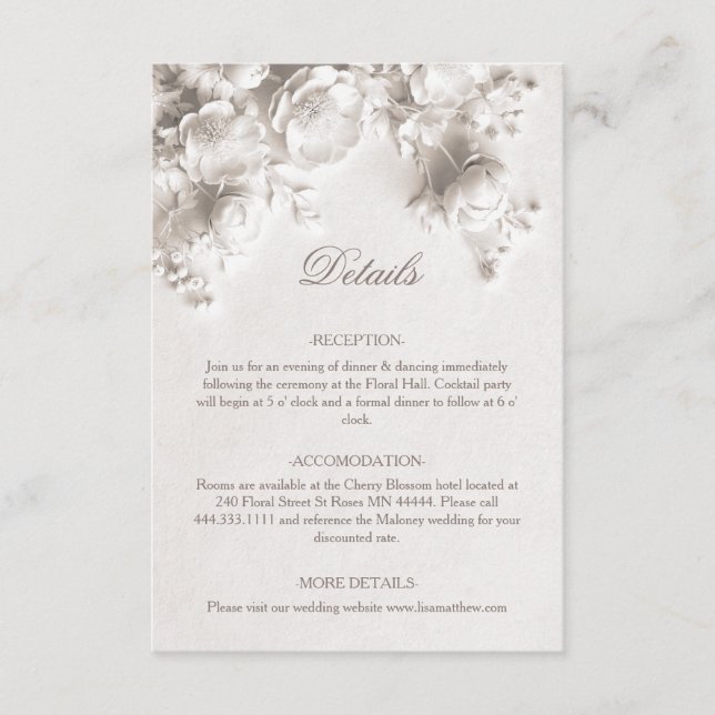 Cartão De Informações Rosas 3D Flores Silvestres Brancas (Frente)