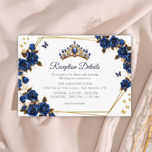 Cartão De Informações Rosas Borboletas Tiara Dourada Azul Marinho Quince