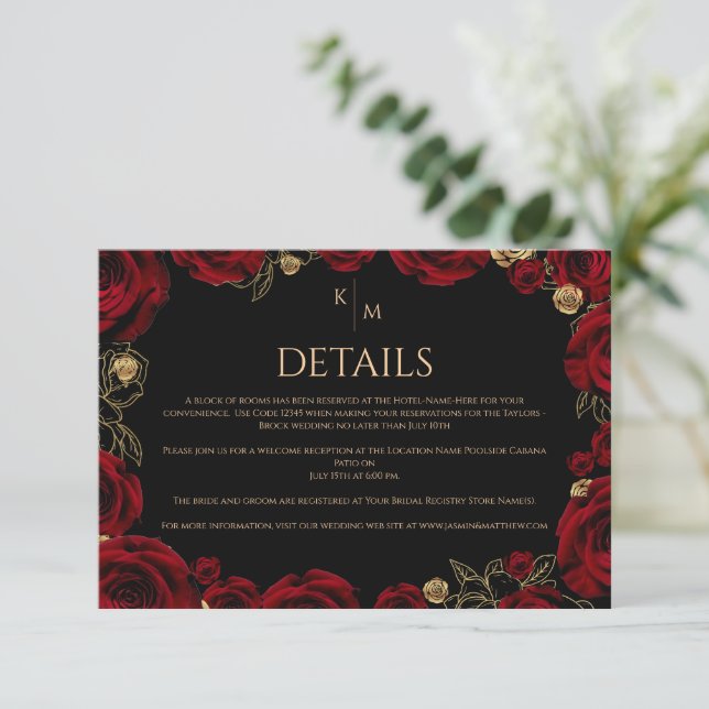 Cartão De Informações Rosas Borgonha Casamento Boho (Em pé/Frente)
