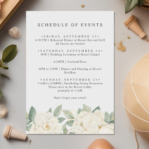 Cartão De Informações ROSAS BRANCAS CHIC FLORES Cronograma de eventos da