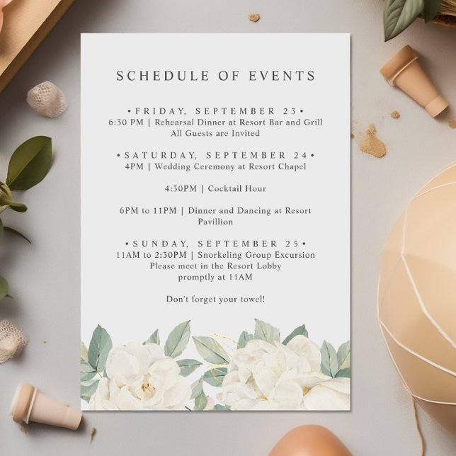 Cartão De Informações ROSAS BRANCAS CHIC FLORES Cronograma de eventos da (Criador carregado)