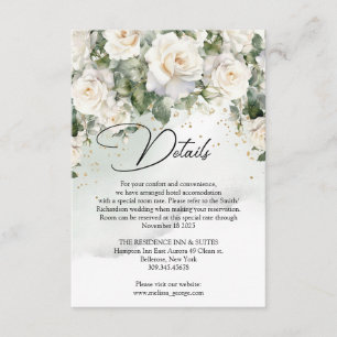 Cartão De Informações Rosas brancas vintage, folhagens de eucalipto e do