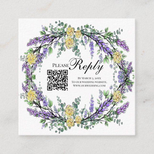 Cartão De Informações Rosas de aquarela amarela Elegante lavanda RSVP QR (Frente)