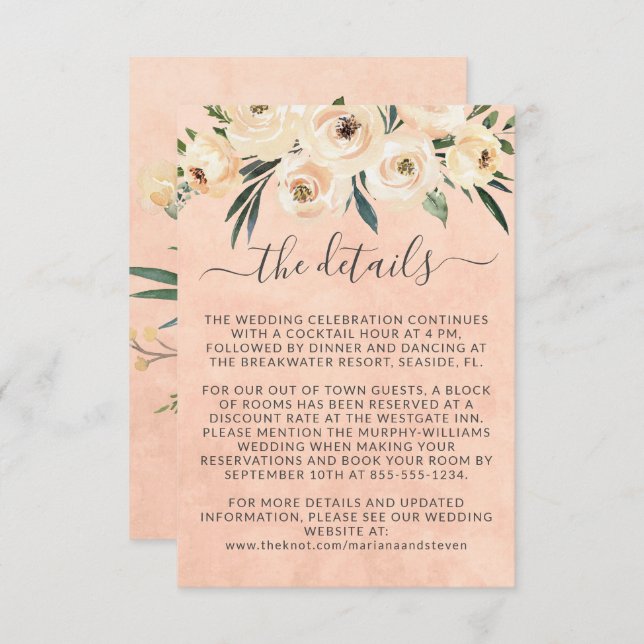 Cartão De Informações Rosas de bege Floral Dourados no Casamento Rosa (Frente/Verso)