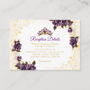Cartão De Informações Rosas de Tiara Dourada Roxa Quinceañera