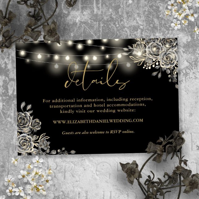Cartão De Informações Rosas Pretos E Dourados Ilumina Detalhes De Casame (Black And Gold Roses Lights Gothic Wedding Details Enclosure Card)
