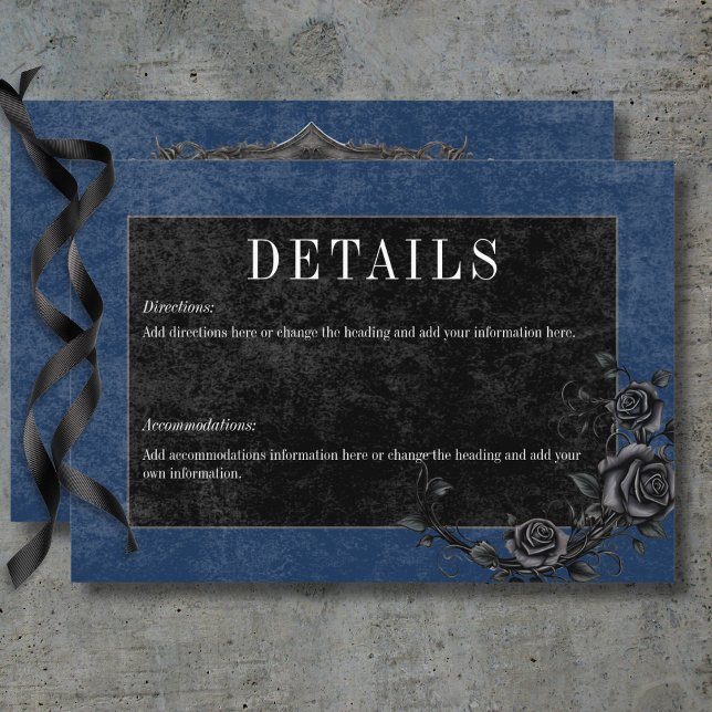 Cartão De Informações Rosas Pretos Góticos, Raven e Pretos Detalhes Azui (Gothic Black Raven & Black Roses Blue Details Enclosure Card)