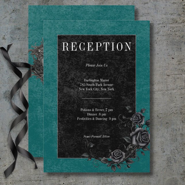 Cartão De Informações Rosas Pretos Góticos, Raven e Recepção Teal (Gothic Black Raven & Black Roses Teal Reception Enclosure Card)