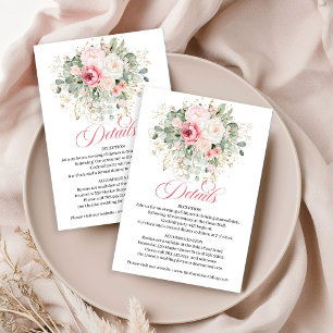 Cartão De Informações Rosas rosadas suaves folhagens douradas casamento