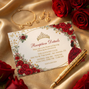 Cartão De Informações Rosas Vermelhas Borboletas Douradas Quinceañera