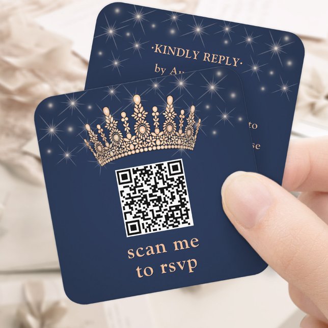Cartão De Informações Rose Gold Crown QR Code RSVP Navy Blue Quinceañera (Criador carregado)