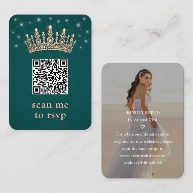 Cartão De Informações Rose Gold Crown Quinceañera Photo QR RSVP Green (Frente/Verso)