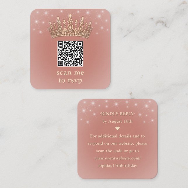 Cartão De Informações Rose Gold Crown Quinceañera Scan Me QR Code RSVP (Frente/Verso)