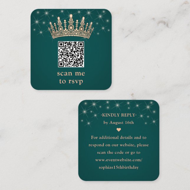 Cartão De Informações Rose Gold Crown Scan Me Quinceañera QR RSVP Green (Frente/Verso)