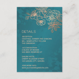 Cartão De Informações Rose Gold Floral Line Art Teal Wedding