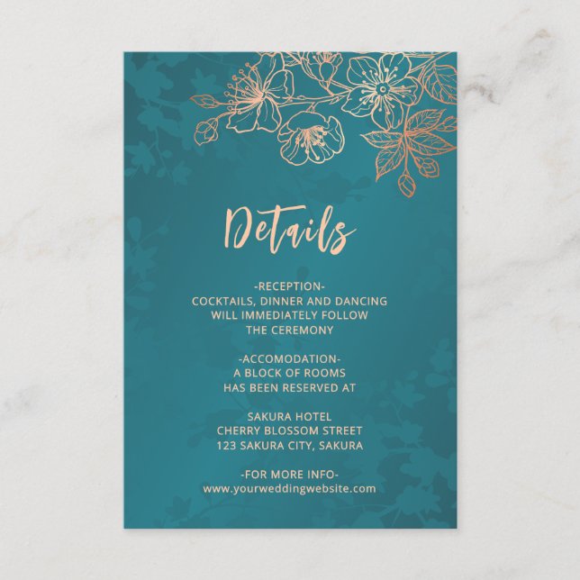 Cartão De Informações Rose Gold Floral Line Art Teal Wedding (Frente)