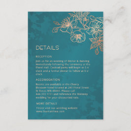 Cartão De Informações Rose Gold Floral Line Art Teal Wedding