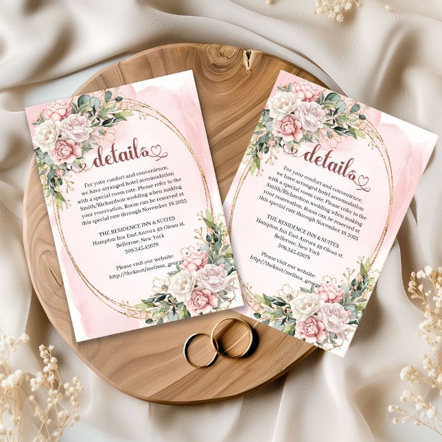 Cartão De Informações Rose Gold Flowers Greenery Wedding Details Card (Rose Gold Flowers Greenery Wedding Details Card)