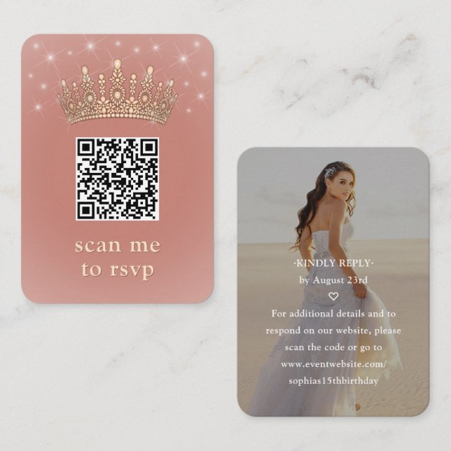 Cartão De Informações Rose Gold Quinceañera Crown Scan Me QR RSVP (Frente/Verso)