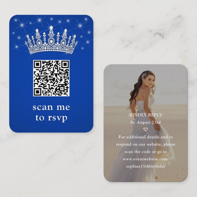 Cartão De Informações Royal Blue Quinceañera Crown & Stars QR RSVP Photo (Frente/Verso)