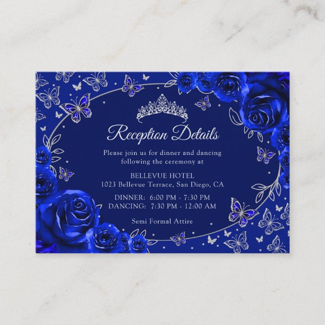 Cartão De Informações Royal Blue Silver Quinceanera Reception Details (Frente)