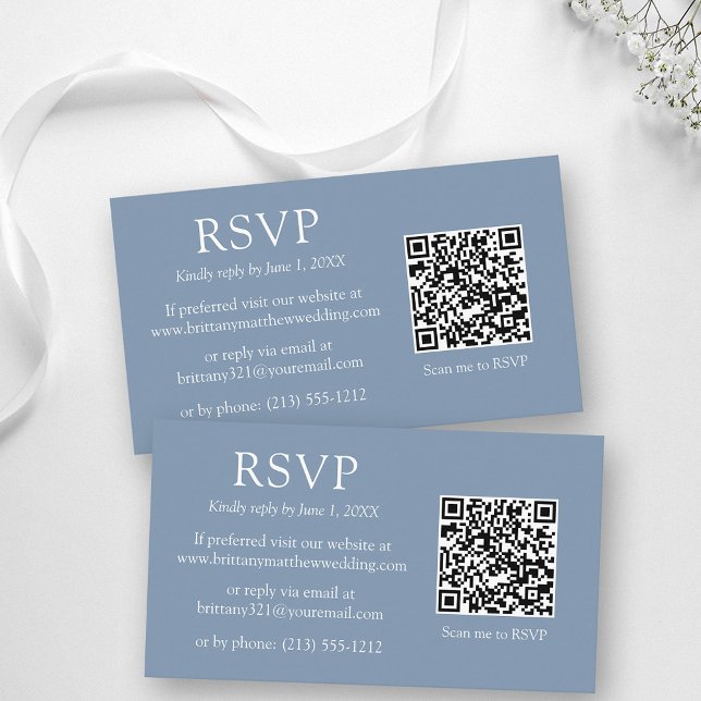 Cartão De Informações RSVP Azul de Casamento Dusty com Código QR Simples (Customize to change text size, color, style or to change background color of front and back of card.)