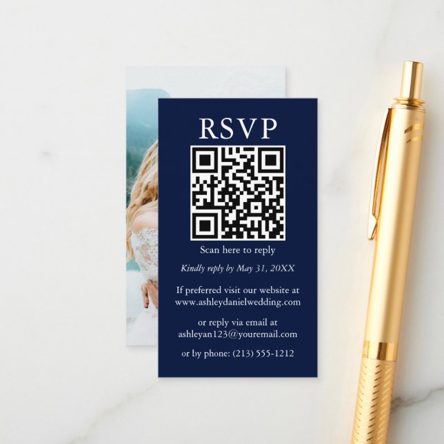 Cartão De Informações RSVP Azul de Foto QR de Casamento Simples Minimali (Frente/Verso In Situ)