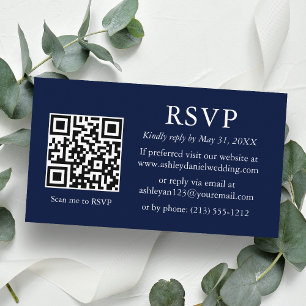 Cartão De Informações RSVP Azul de QR Minimalista Moderno de Casamento