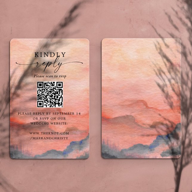 Cartão De Informações RSVP Casamento Código QR Sunset Mountain (Front and Back of RSVP QR Code enclosure card in a Mountain Sunset watercolor background.)