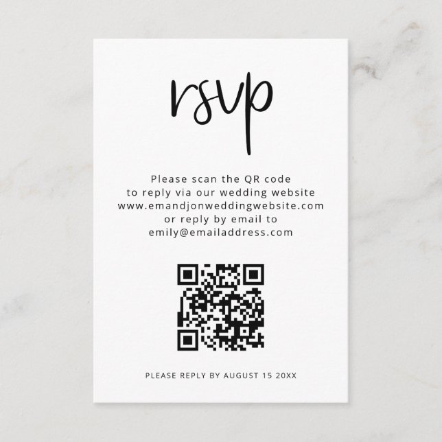 Cartão De Informações RSVP de Casamento Branco Preto do Código QR Minima (Frente)