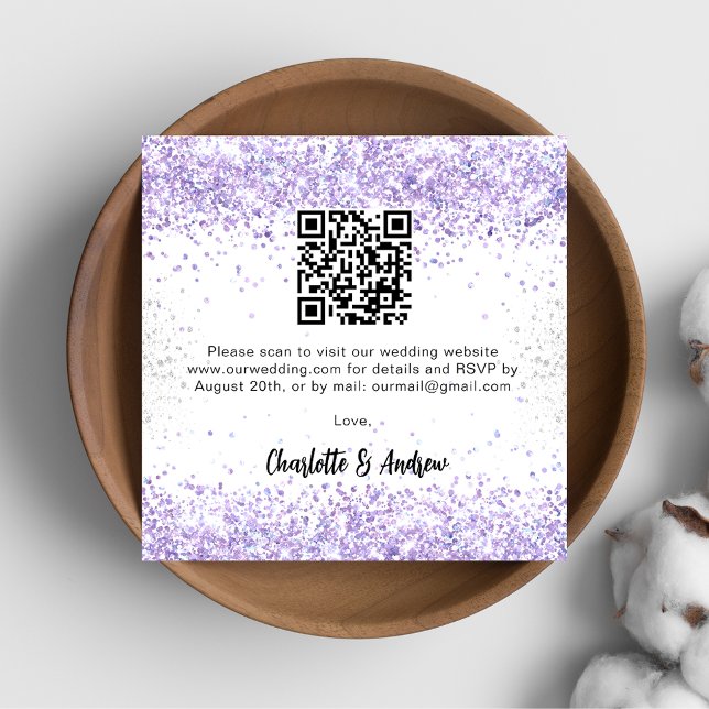 Cartão De Informações RSVP de casamento com código QR violeta branca (Criador carregado)