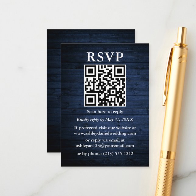 Cartão De Informações RSVP de Casamento da Madeira Azul Rústica QR (Frente/Verso In Situ)