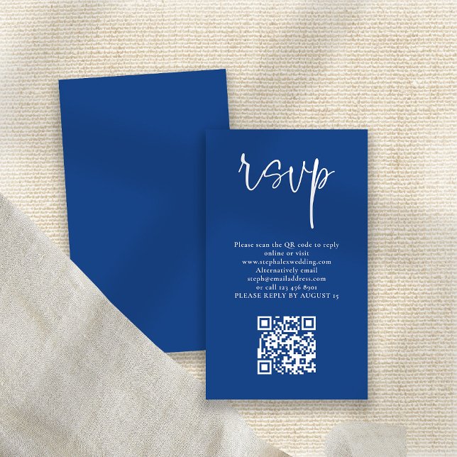 Cartão De Informações RSVP de Casamento de Código QR Azul de Script Bran (Front and back view)