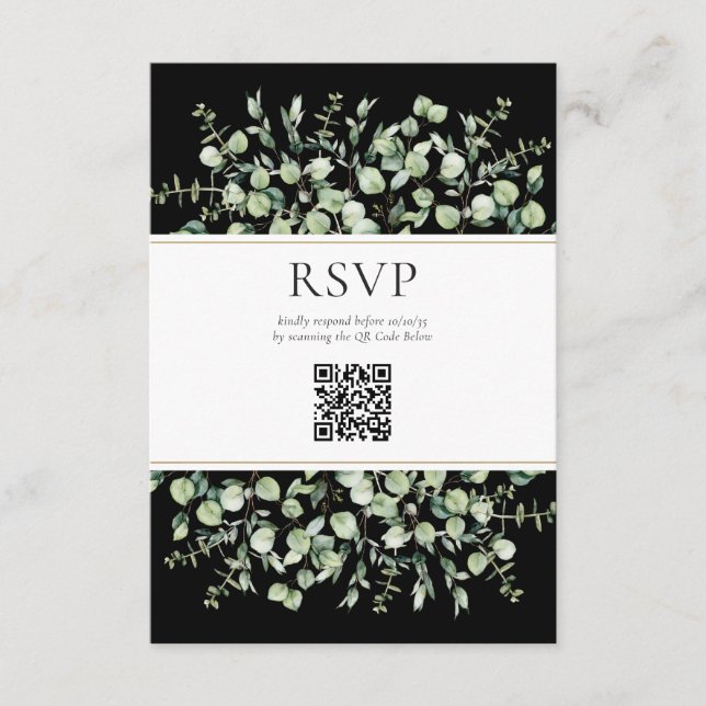 Cartão De Informações RSVP de Casamento de Código QR Eucalyptus Preto (Frente)