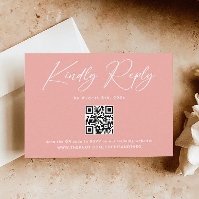 Cartão De Informações RSVP de Casamento de Código QR Rosa Elegante (Criador carregado)